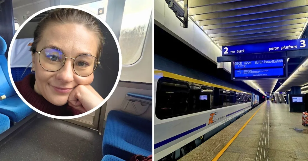 Uśmiechnięta kobieta w okularach w pociągu, gotowa na podróż pociągiem Warszawa Berlin.