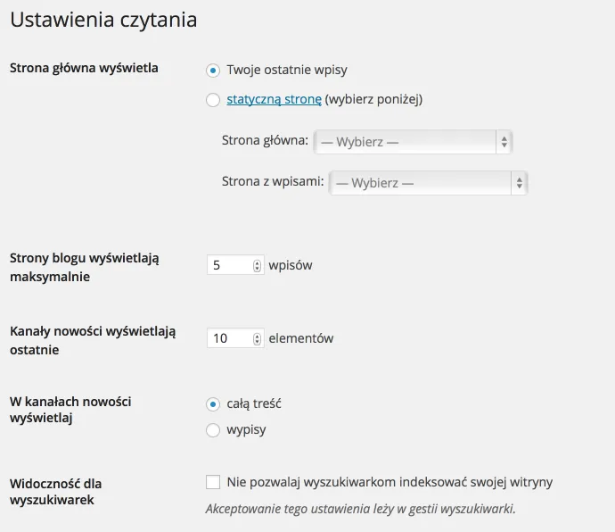 WordPress ustawienia czytanie