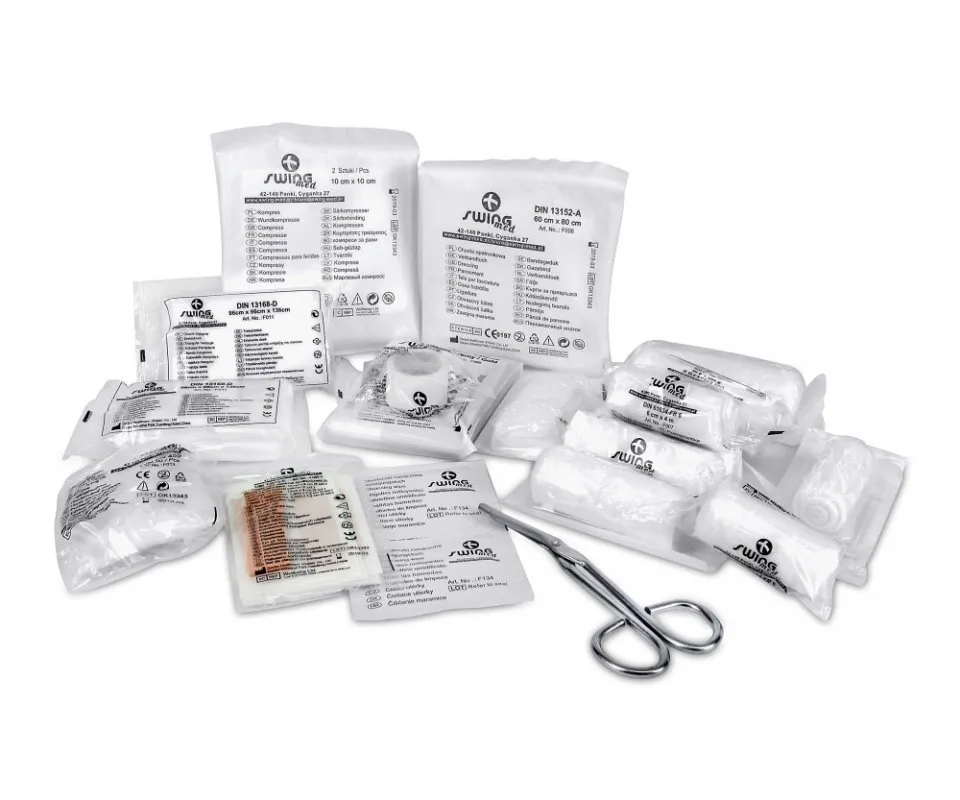 skład apteczki samochodowej DIN 13164