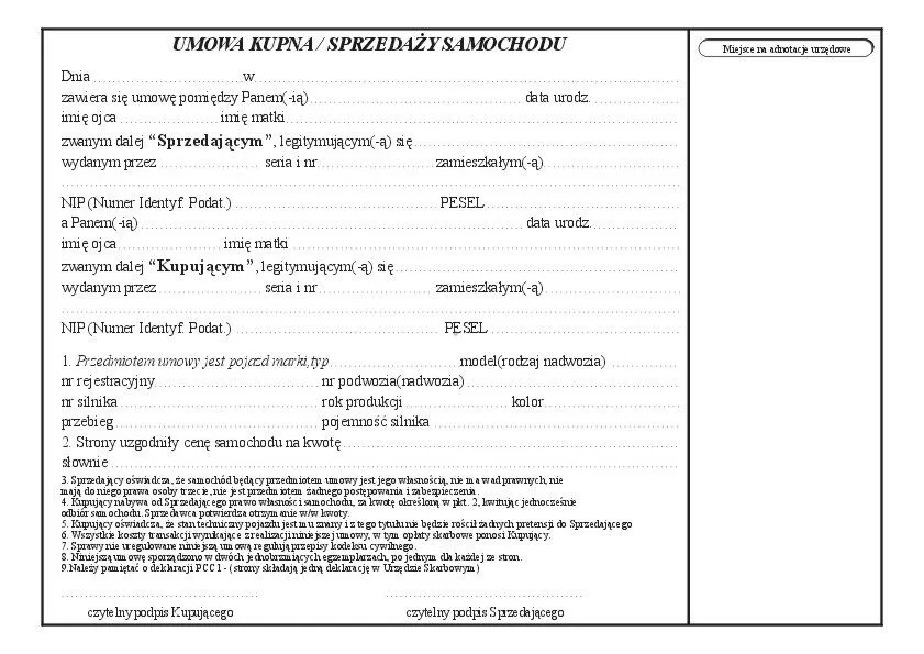 wz&oacute;r umowy kupna sprzedaży samochodu