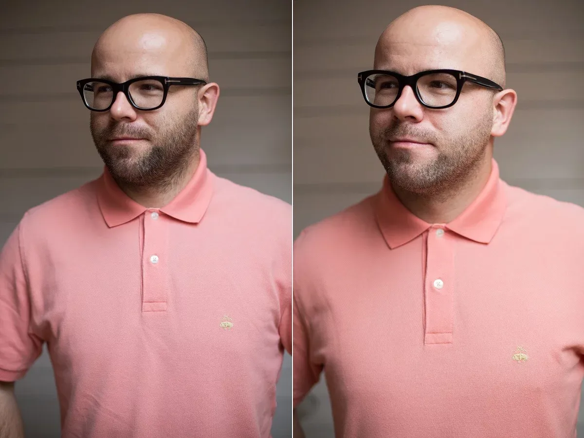 Łysy mężczyzna w okularach i różowej koszulce polo. Jego 3 dniowy zarost ma około 2-3 mm długości.