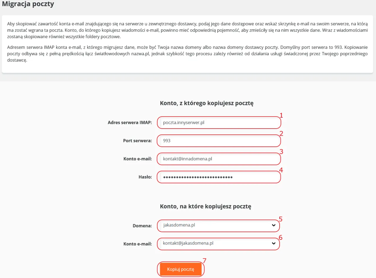 Formularz do migracji poczty e-mail: podaj dane starego serwera IMAP, port, konto i hasło, a także domenę i konto docelowe, aby przenieść domenę na inny hosting.