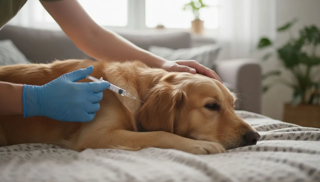 weterynarz podaje zastrzyk psu, wizyta u weterynarza