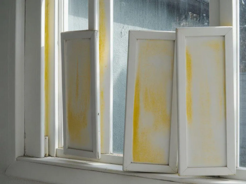 żółte plamy na białej ramie okna PCV z bliska
