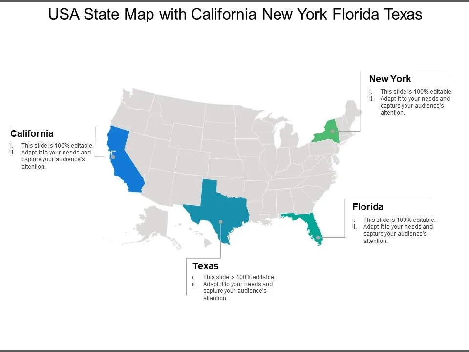 map of the United States highlighting New York, California, and Florida