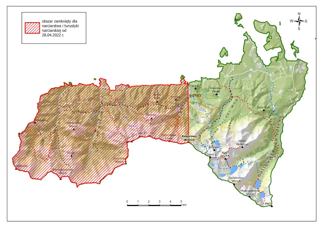Mapa Tatrzańskiego Parku Narodowego z zaznaczonymi zamkniętymi szlakami zimą