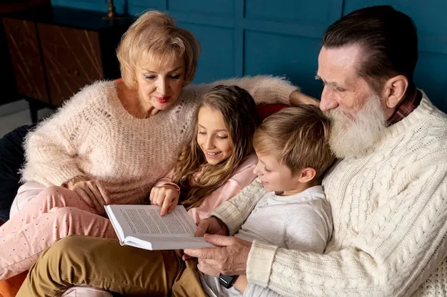 babcia i dziadek z wnukami czytają książkę