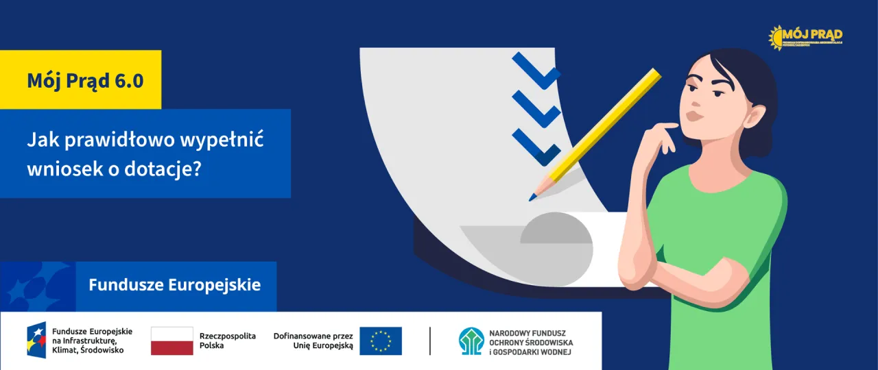 Kobieta zastanawia się, jak złożyć wniosek o dofinansowanie M&oacute;j Prąd 6.0. Na ekranie widnieje lista zadań do wykonania.