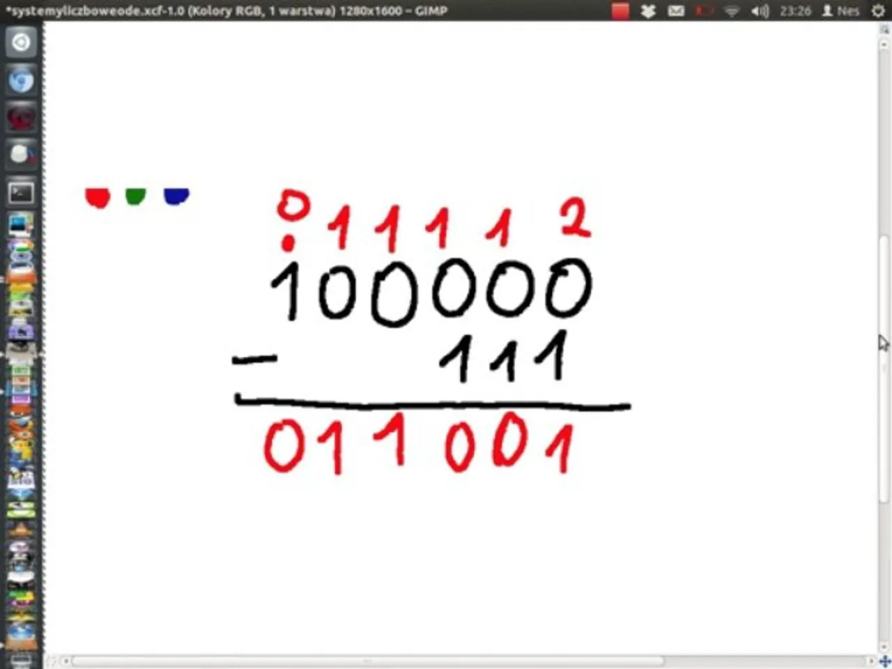 Przykład jak rozwiązać system binarny: odejmowanie 100000 - 111 = 011001.