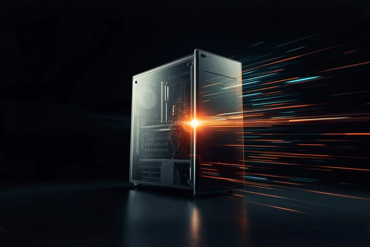 Komputer z przezroczystą obudową, ukazujący wnętrze. Światło przebija się przez podzespoły, sugerując, jak sprawdzić podzespoły komputera.