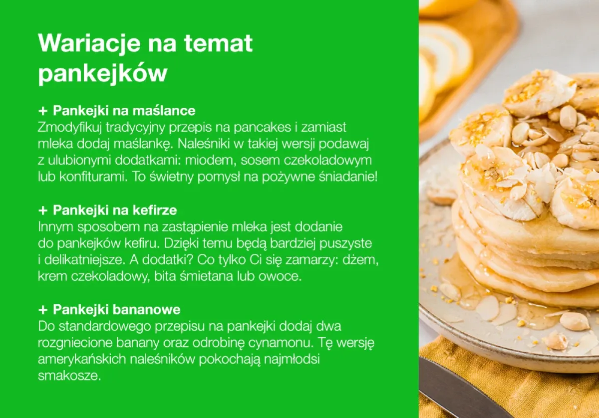 Jak zrobić pankejki: puszyste naleśniki na maślance, kefirowej lub z bananami. Na talerzu stos pysznych pankejków z bananami i syropem.