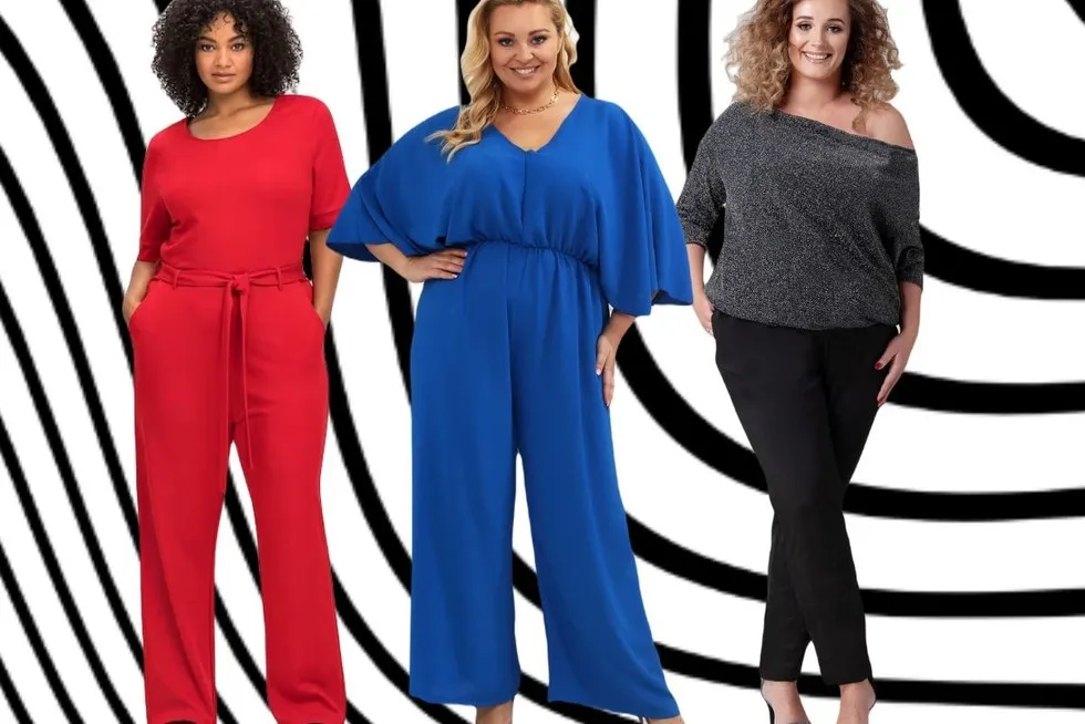 Stylizacje kombinezon plus size wesele praca casual
