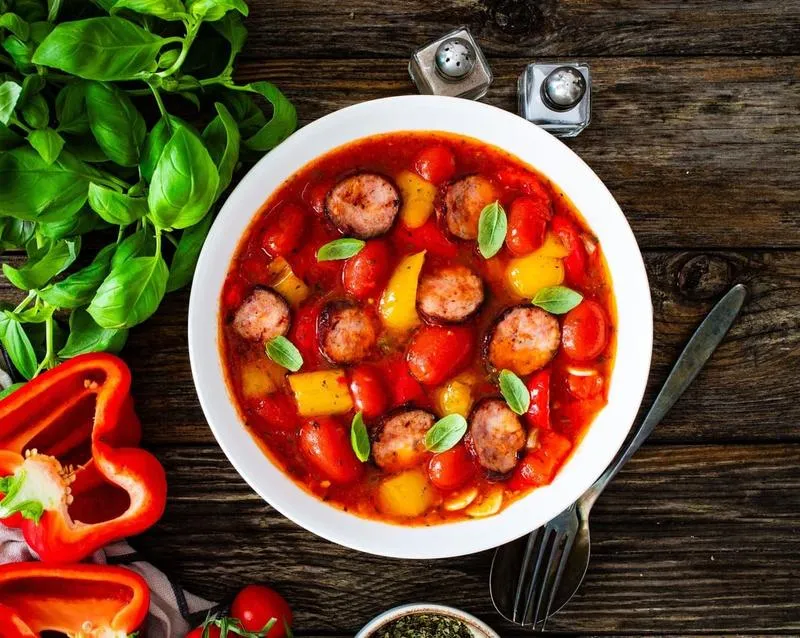 Leczo z indykiem i kolorowymi warzywami w garnku