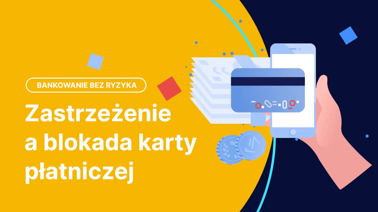 Zastrzeżenie i blokada karty płatniczej w mBanku. Ilustracja pokazuje telefon, kartę i monety.