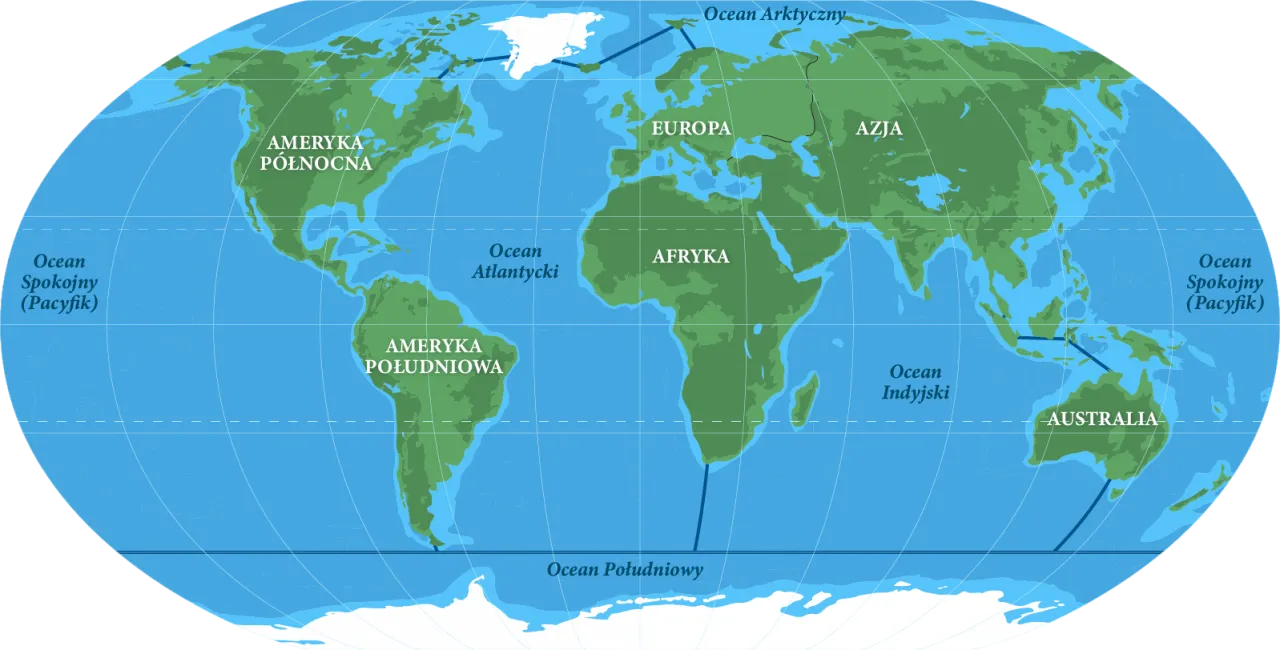 Mapa świata z zaznaczonymi oceanami: Spokojny, Atlantycki, Indyjski, Południowy i Arktyczny. Ile jest mórz na świecie? Ta mapa pokazuje pięć głównych oceanów.