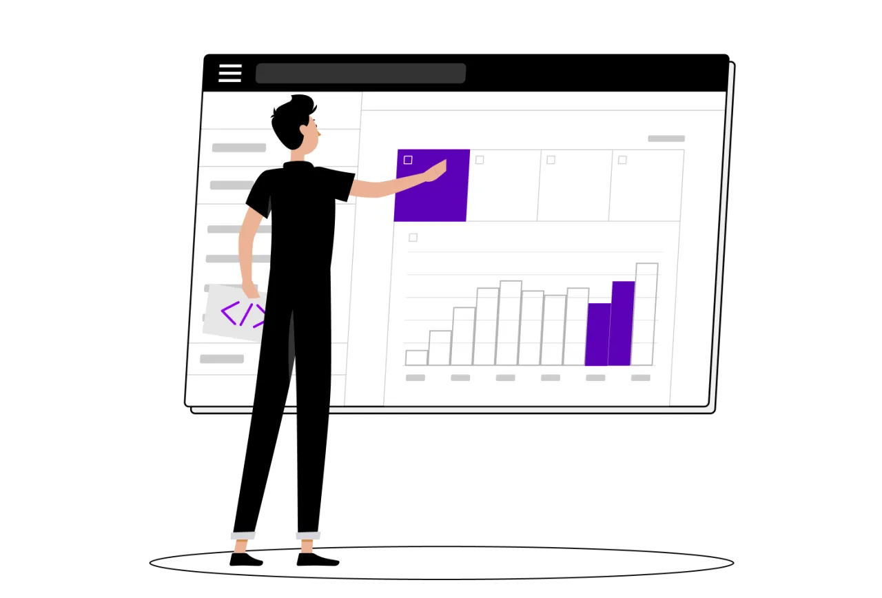 Mężczyzna analizuje wykresy, planując pozycjonowanie bloga. W ręku trzyma symbol kodu.