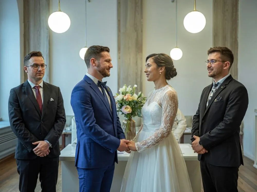 Para młoda ze świadkami w Urzędzie Stanu Cywilnego