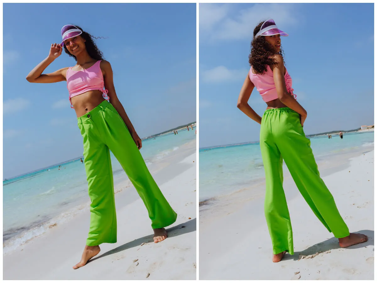 dopasowanie bluzki do szerokich i wąskich zielonych spodni