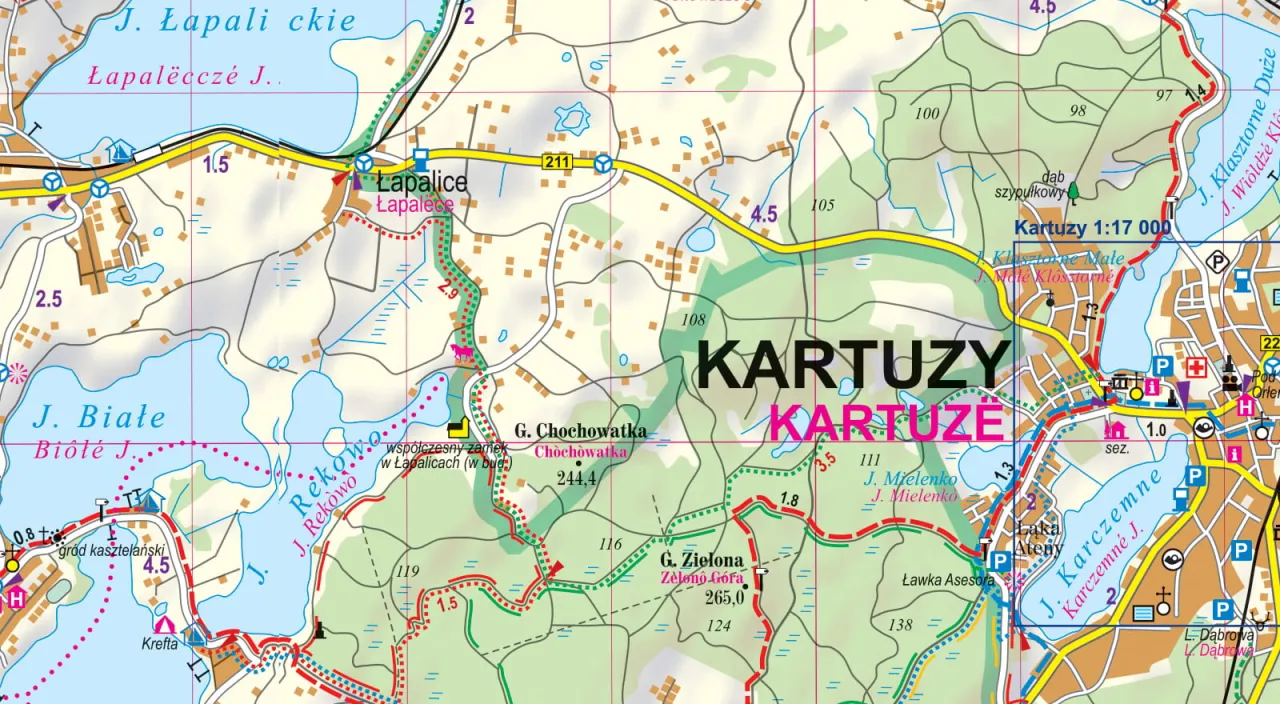Mapa turystyczna z zaznaczonymi jeziorami i drogami. Gdzie są Kaszuby? Widać tu Kartuzy, jeziora Łapalickie, Białe, Rekowo, a także G. Chochołowatka i G. Zielona Góra.