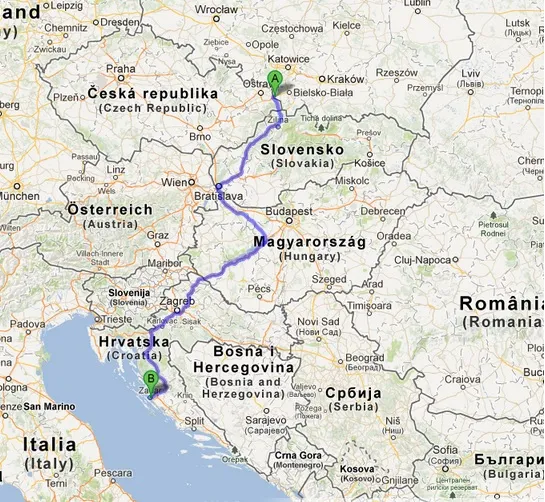 Mapa trasy samochodowej Gdańsk Chorwacja warianty