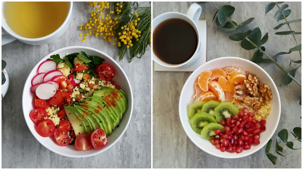 Dwa zdrowe śniadania: kasza z awokado, pomidorkami i rzodkiewką oraz kasza z owocami: mandarynką, kiwi, granatem i orzechami. Idealny przepis na zdrowe śniadanie.