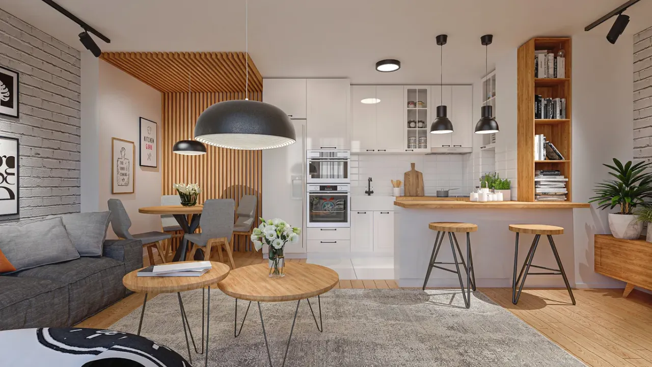 aranżacja salonu z aneksem kuchennym 60m2, podział stref