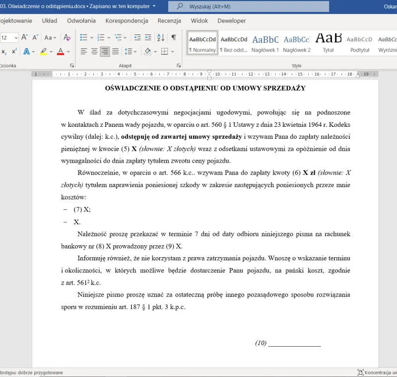 zwrot samochodu po zakupie prawo