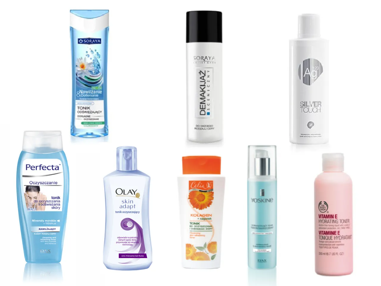 różne rodzaje kosmetyków do demakijażu i toników