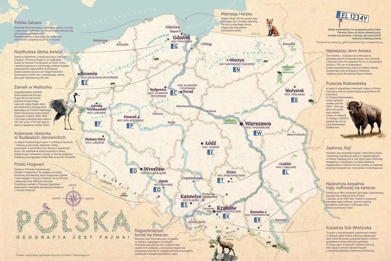 Mapa Polski z zaznaczonymi atrakcjami turystycznymi dla rodzin