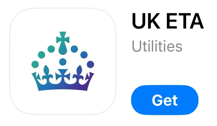 Aplikacja UK ETA na smartfonie i symbol Wielkiej Brytanii