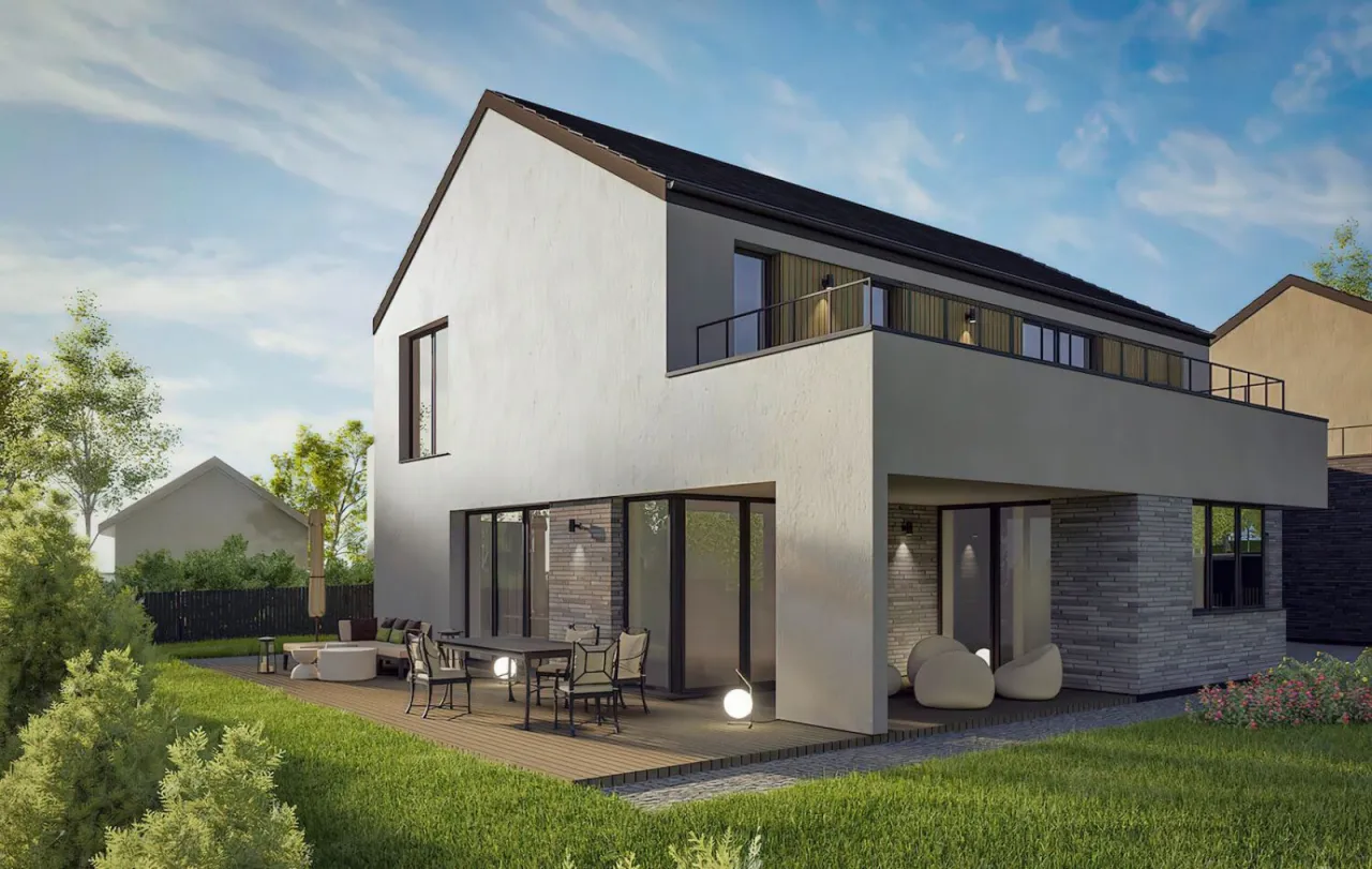 Modne kolory elewacji 2025-2026, elewacja w kolorach ziemi, beżowa elewacja, zielona elewacja, ciepła szara elewacja