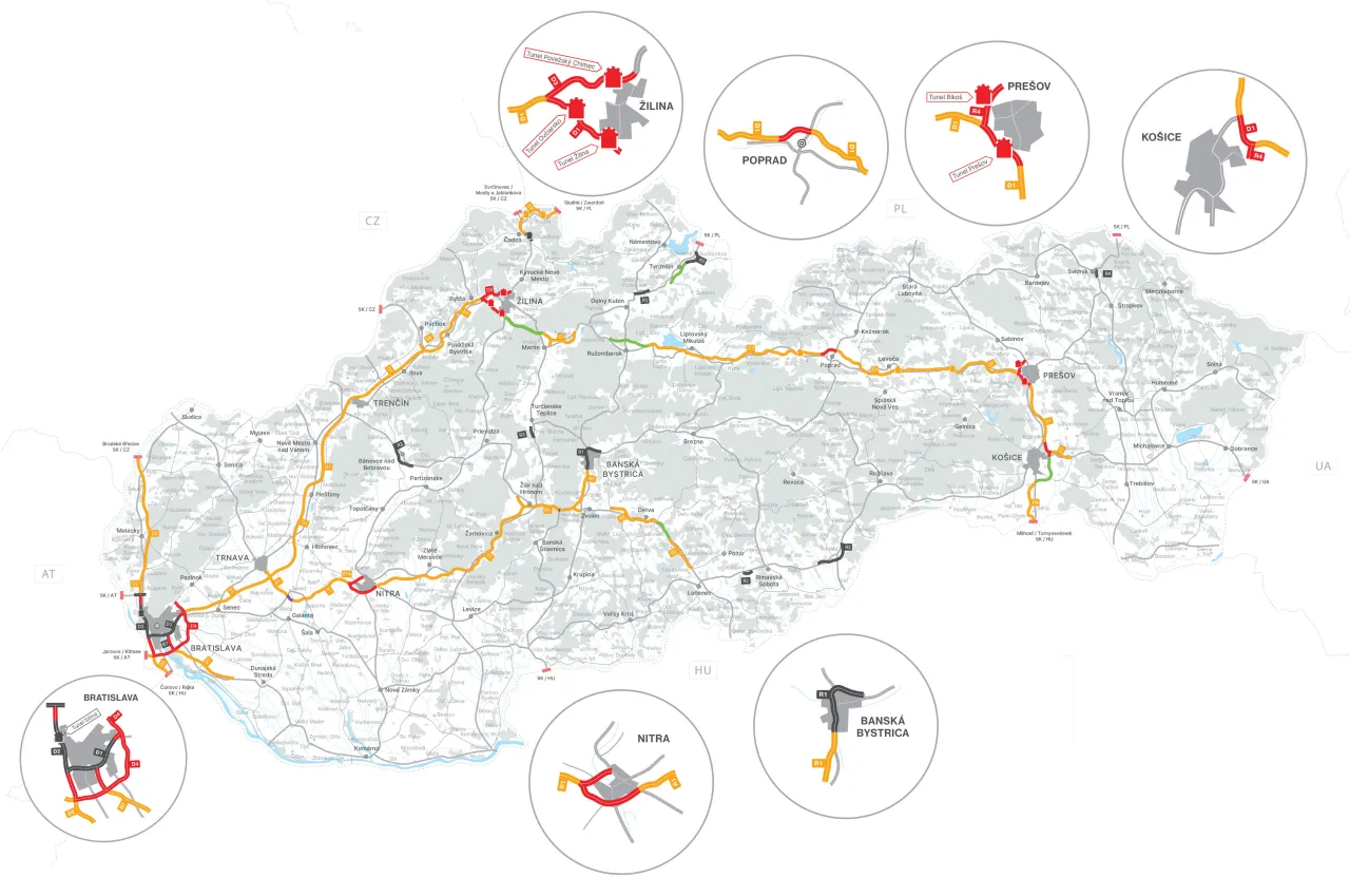 Mapa Słowacji z zaznaczonymi trasami szybkiego ruchu i tunelami. Pokazuje planowany przejazd przez Słowację, łącząc główne miasta.