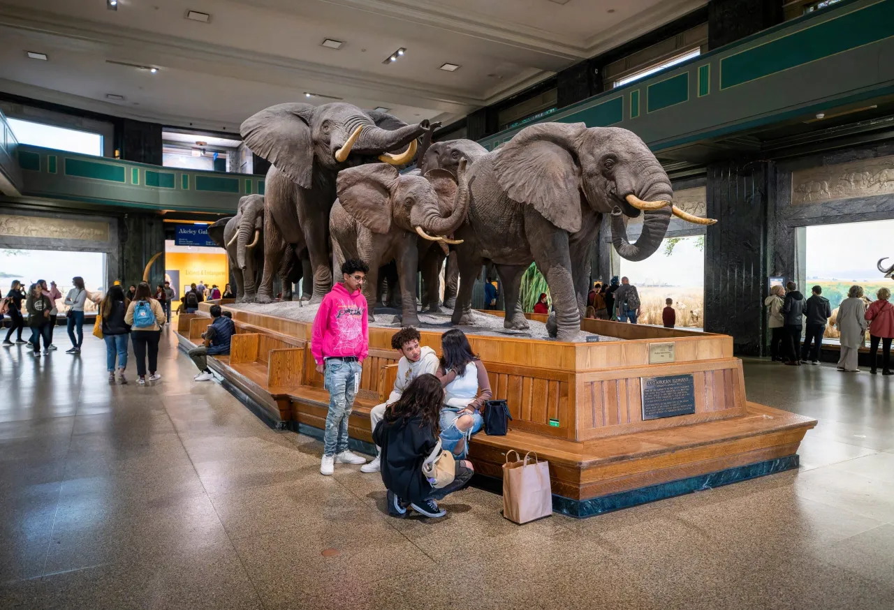 Wielkie słonie w jednym z muzeów Nowego Jorku. Grupa młodych ludzi ogląda ekspozycję.