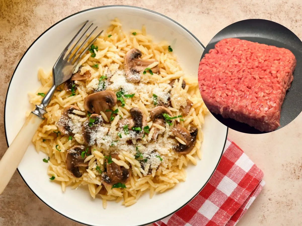 r&oacute;żne rodzaje makaronu do dań jednogarnkowych i mięsa mielonego