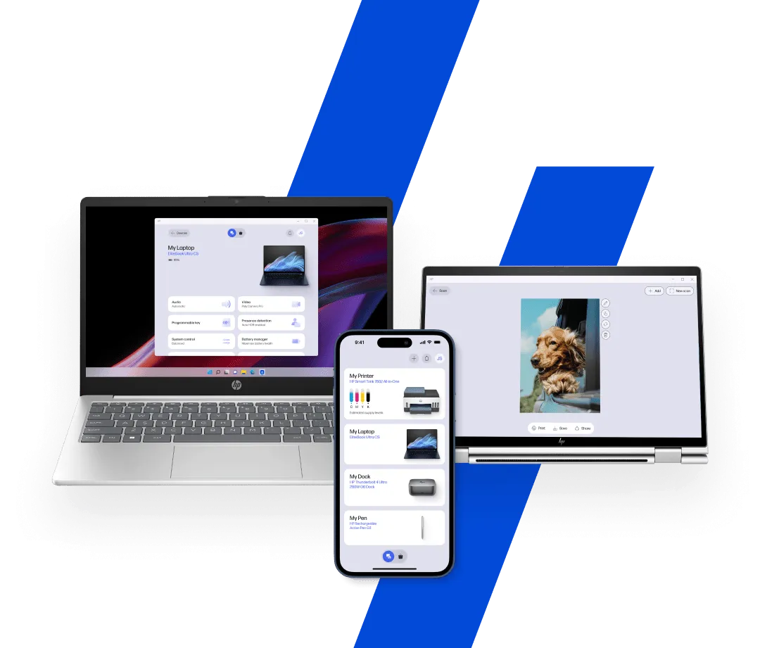 HP Smart app logo and phone screenshot