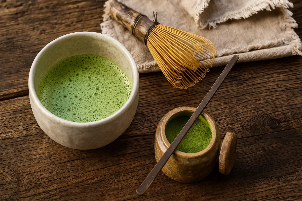 Osoba medytująca lub skupiona z filiżanką matchy