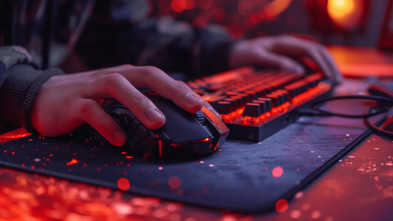 Gracz Counter-Strike używający klawiatury i myszki z widocznym HUDem w grze