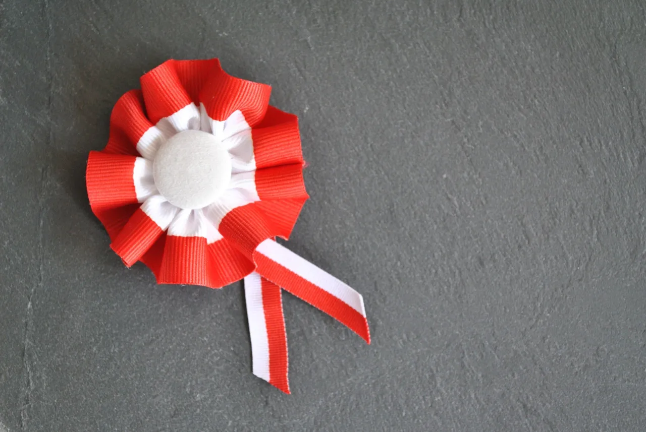 Czerwono-biały kotylion z wstążkami, idealny pomysł na kotylion patriotyczny.