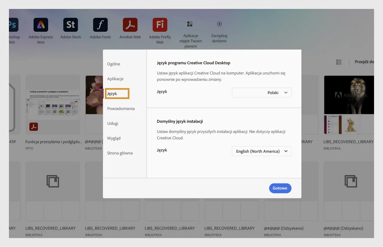 Adobe Creative Cloud aplikacja preferencje język