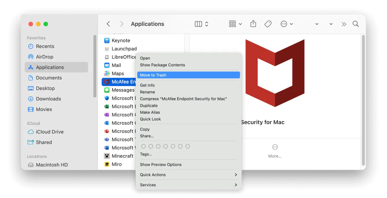 Jak odinstalować McAfee na Macu? Kliknij prawym przyciskiem myszy na ikonę aplikacji McAfee Endpoint Security i wybierz 