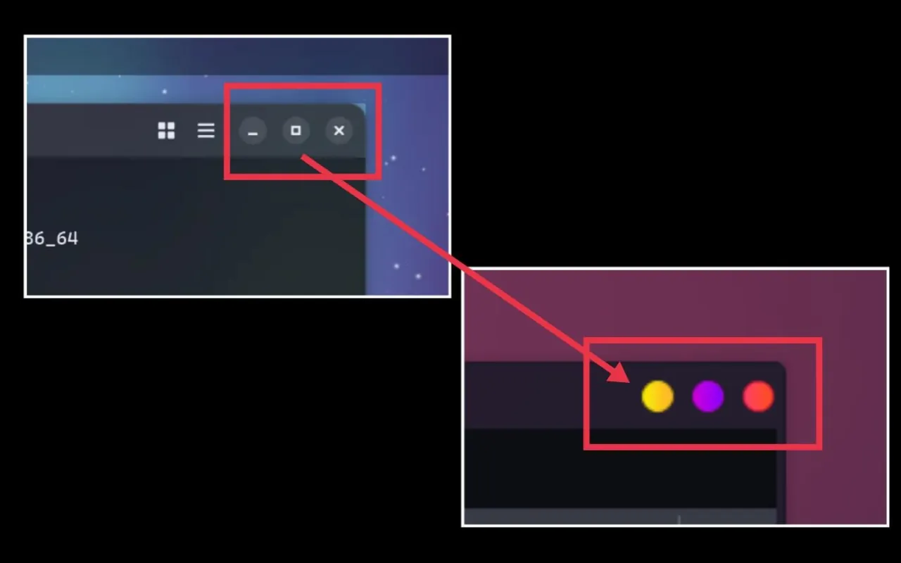 Kolorowe kropki (ż&oacute;łta, fioletowa, czerwona) obok przycisk&oacute;w minimalizacji, maksymalizacji i zamknięcia okna, sugerujące gnome tweaks.