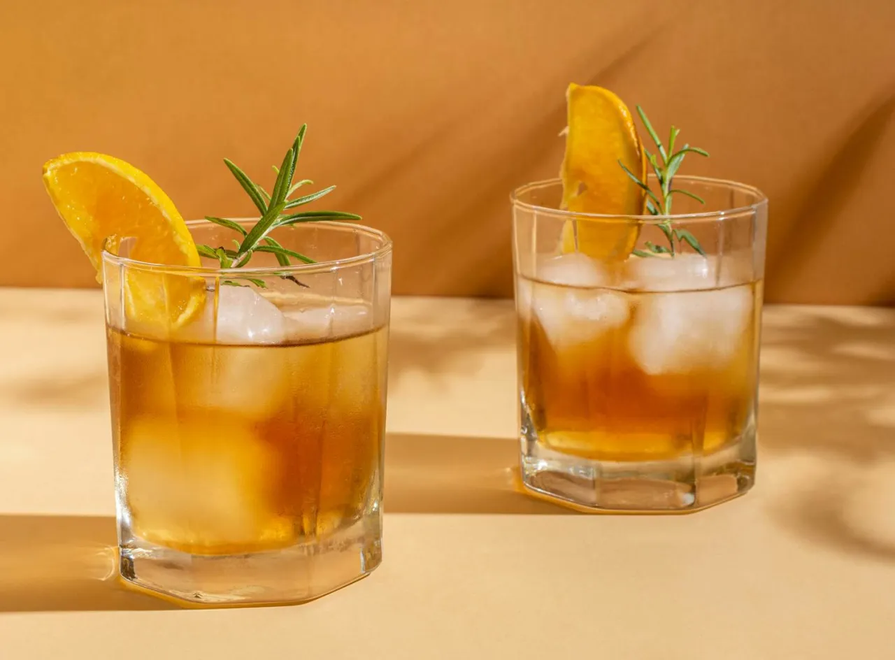 Dwa drinki z pomarańczą i rozmarynem, podane z lodem w kostkach. Idealne na letnie popołudnie.
