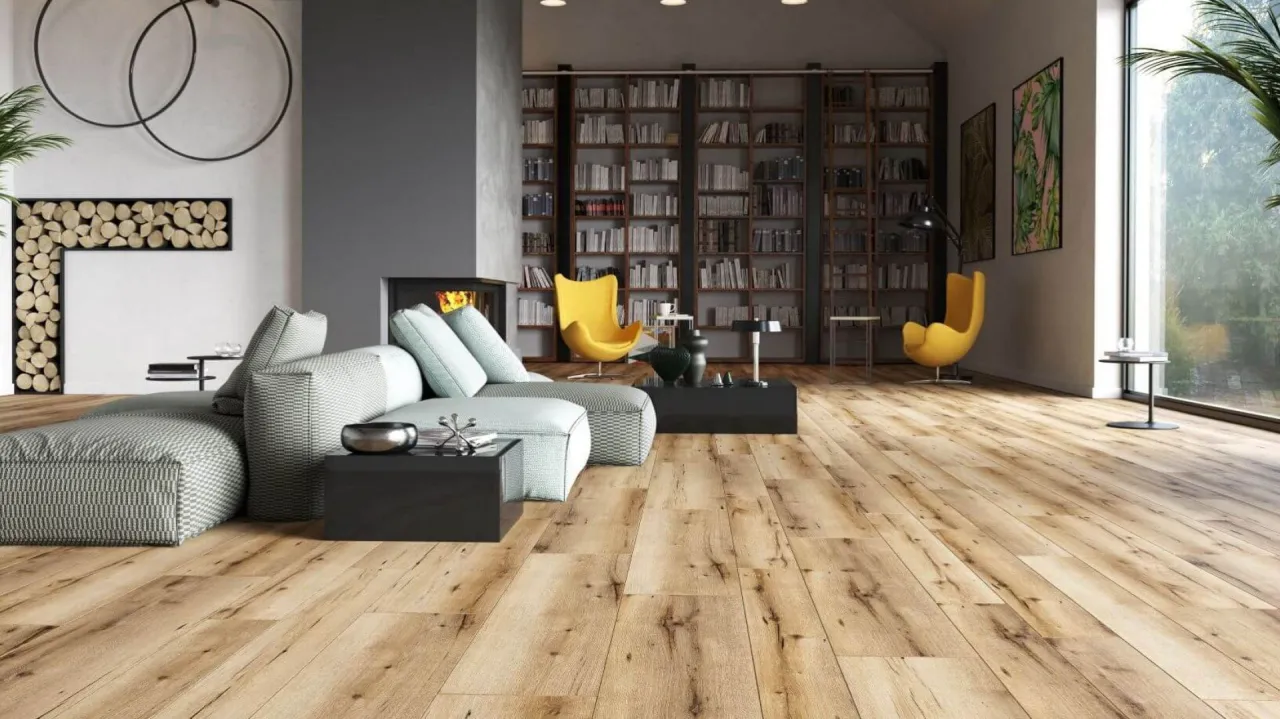 nowoczesny salon z panelami podłogowymi