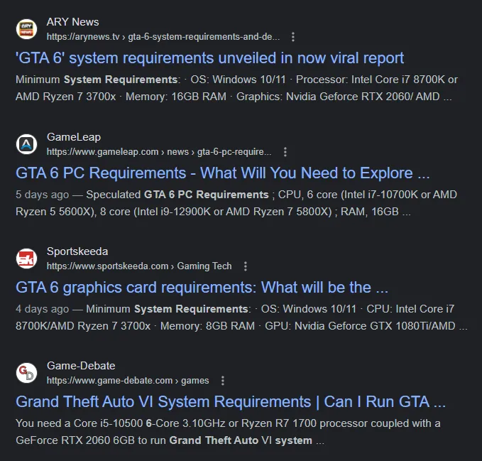 GTA 6 predicted PC system requirements chart