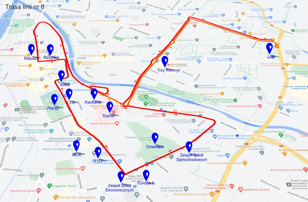 Trasa linii nr 8 autobusów MPK Nowy Sącz: Ratusz, Bazylika, SOKÓŁ, Kaufland, Szpital, Cmentarz, Zespół Szkół Samochodowych, Lidl.