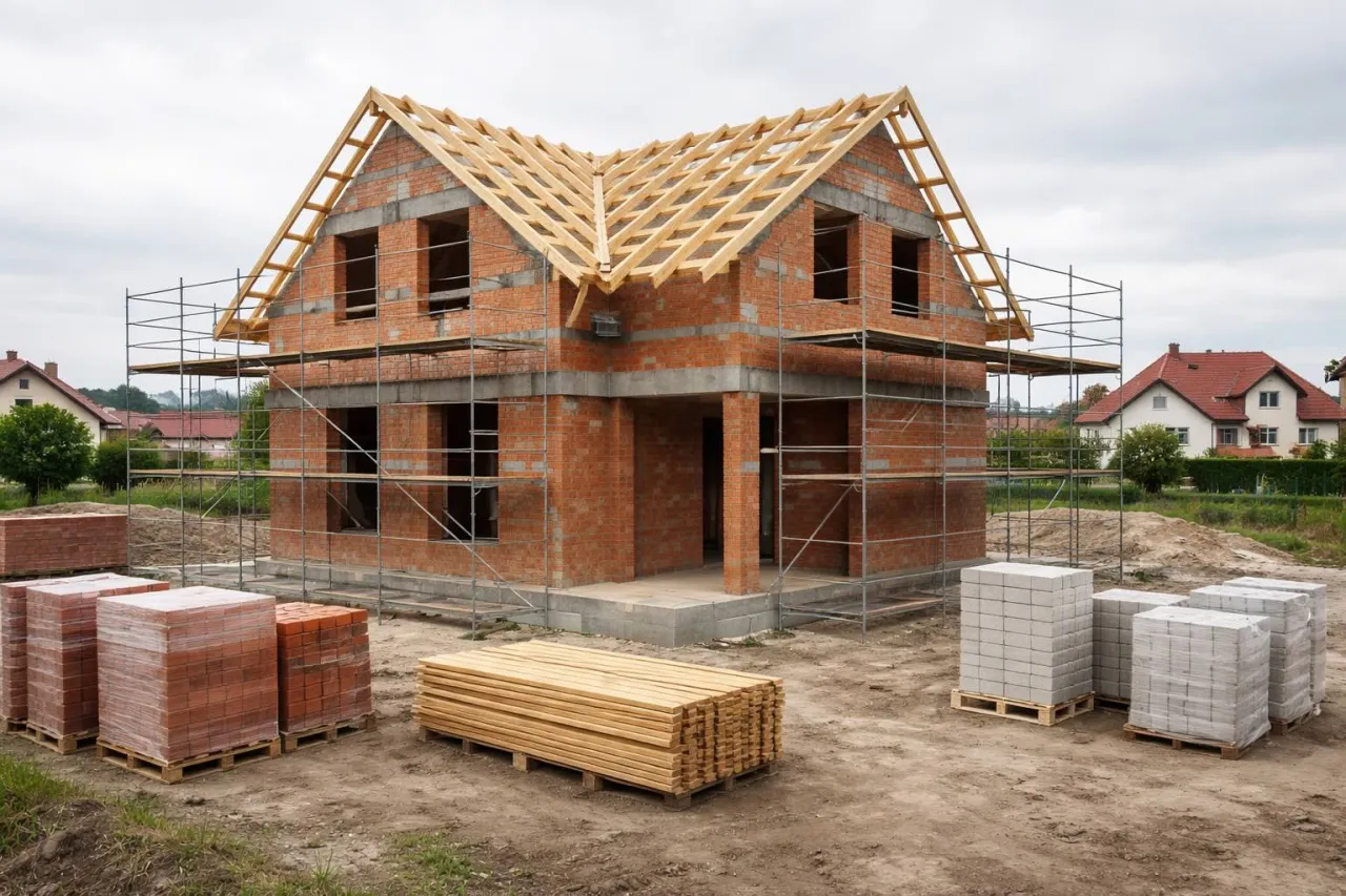 Budowa domu z cegły i drewna, rusztowania wokół, materiały budowlane na placu. Jak najtaniej wybudować dom?