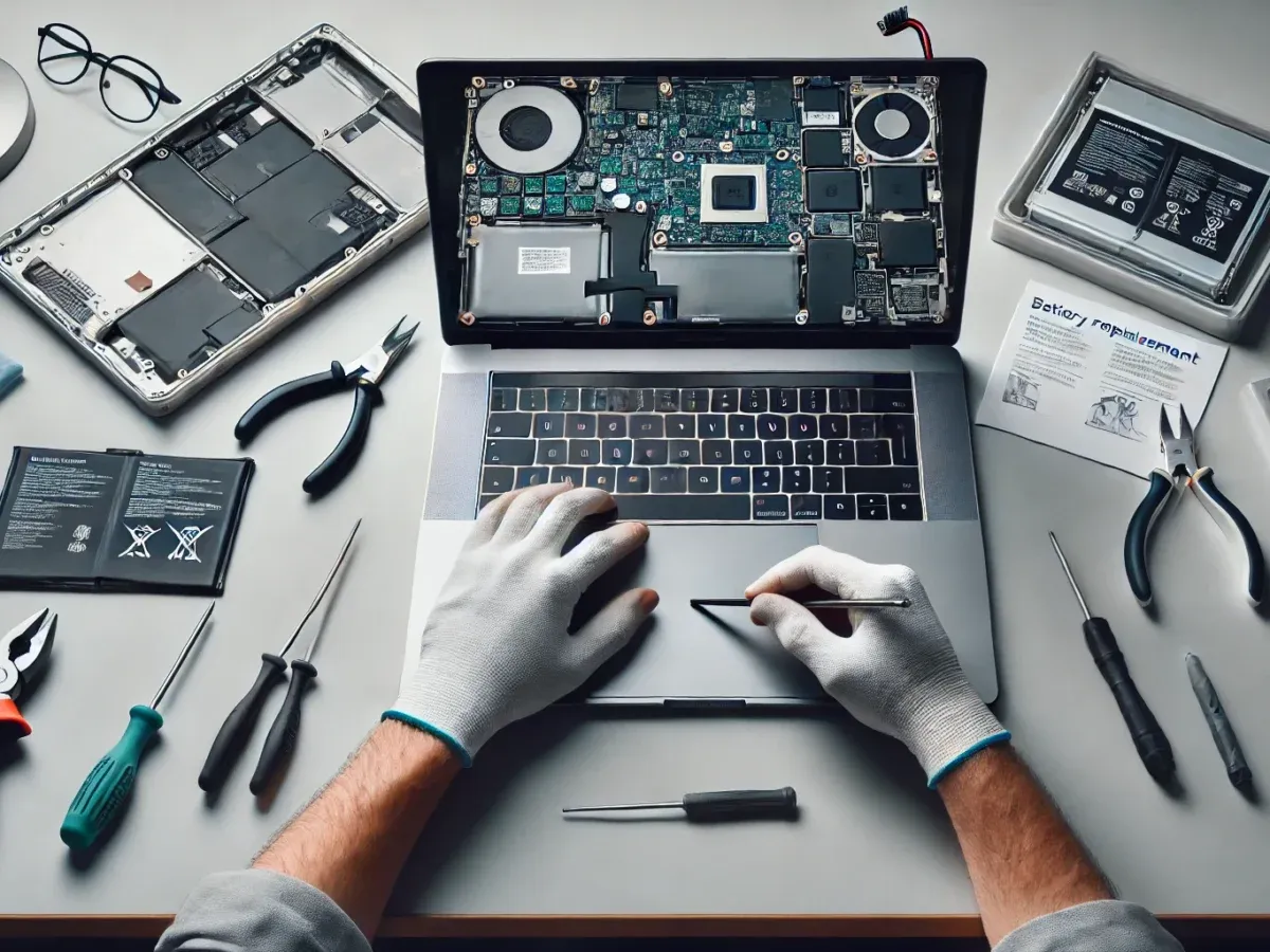 Wymiana baterii w laptopie. Widoczne narzędzia, otwarta obudowa i instrukcja. Uszkodzona bateria w laptopie objawy mogą być r&oacute;żne, ale ten obraz pokazuje proces naprawy.