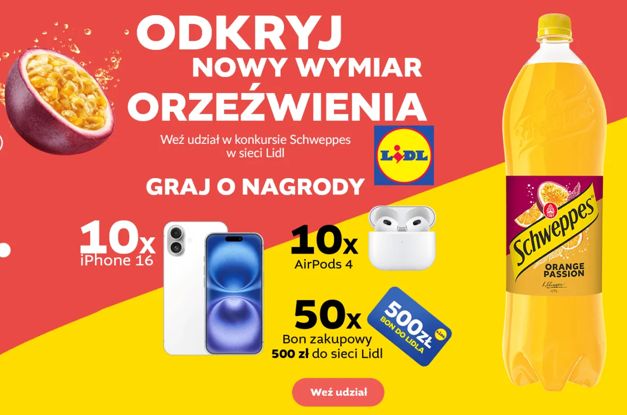 Odkryj nowy wymiar orzeźwienia z Schweppes! Weź udział w loterii Lidla i wygraj iPhone'a 16, AirPods 4 lub bon 500 zł.