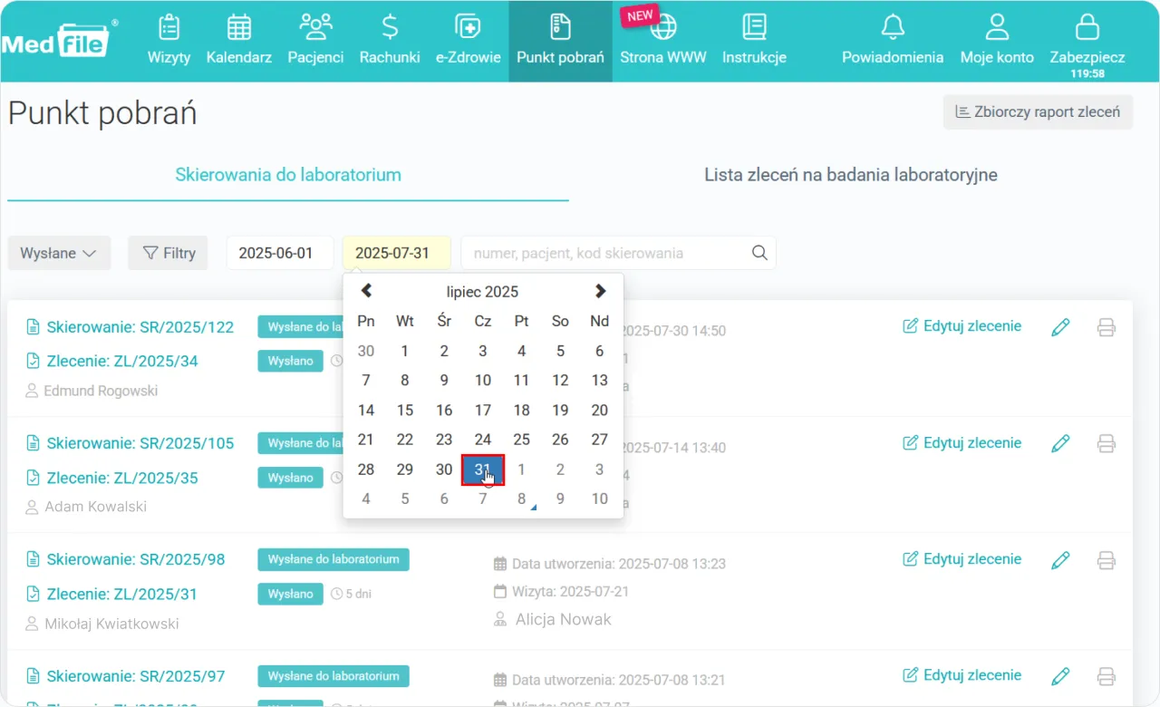 Wybieranie daty 31 lipca 2025 w kalendarzu, aby sprawdzić, gdzie zrobić badania krwi na NFZ.