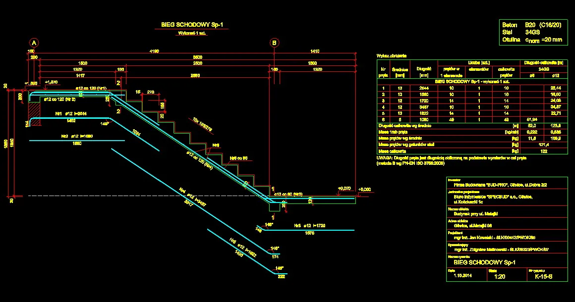 Rysunek zbrojenia schod&oacute;w płytowych jednobiegowych z wymiarowaniem